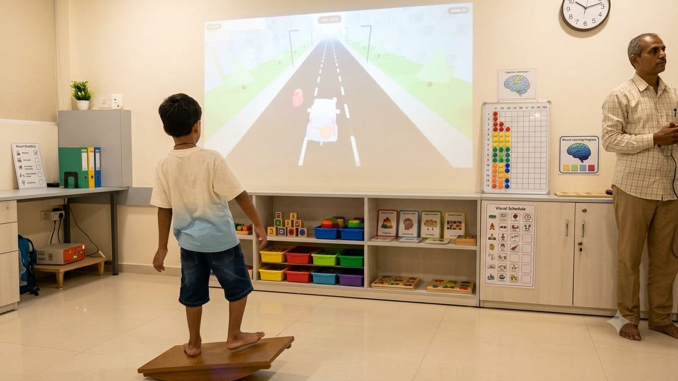 A child balancing on a tilt board, steering a projected driving game