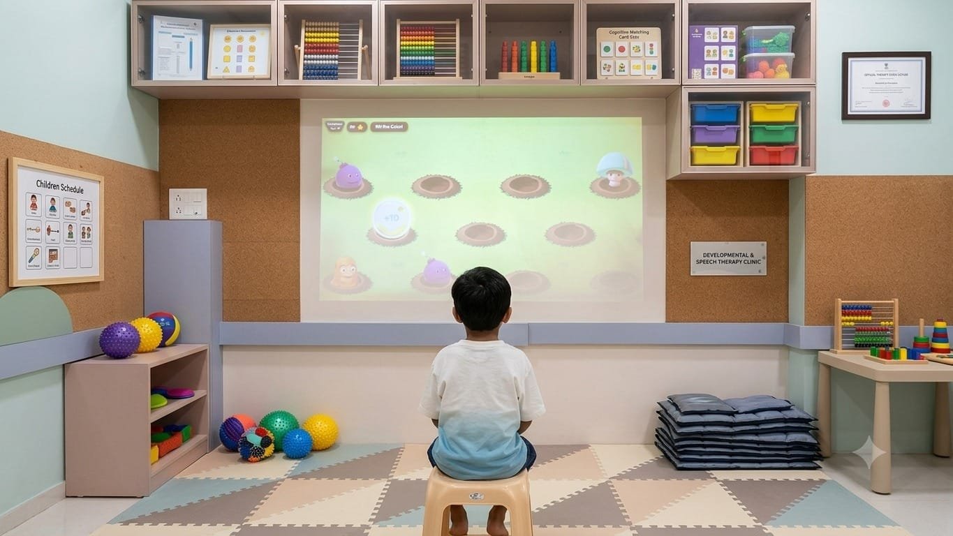 A child reaching for targets in a projected whack-a-mole game