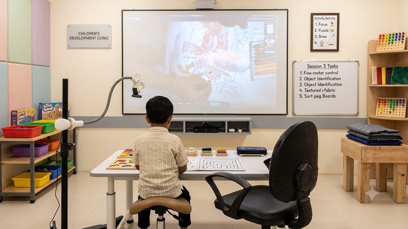 A child working at a therapy table alongside a large interactive display
