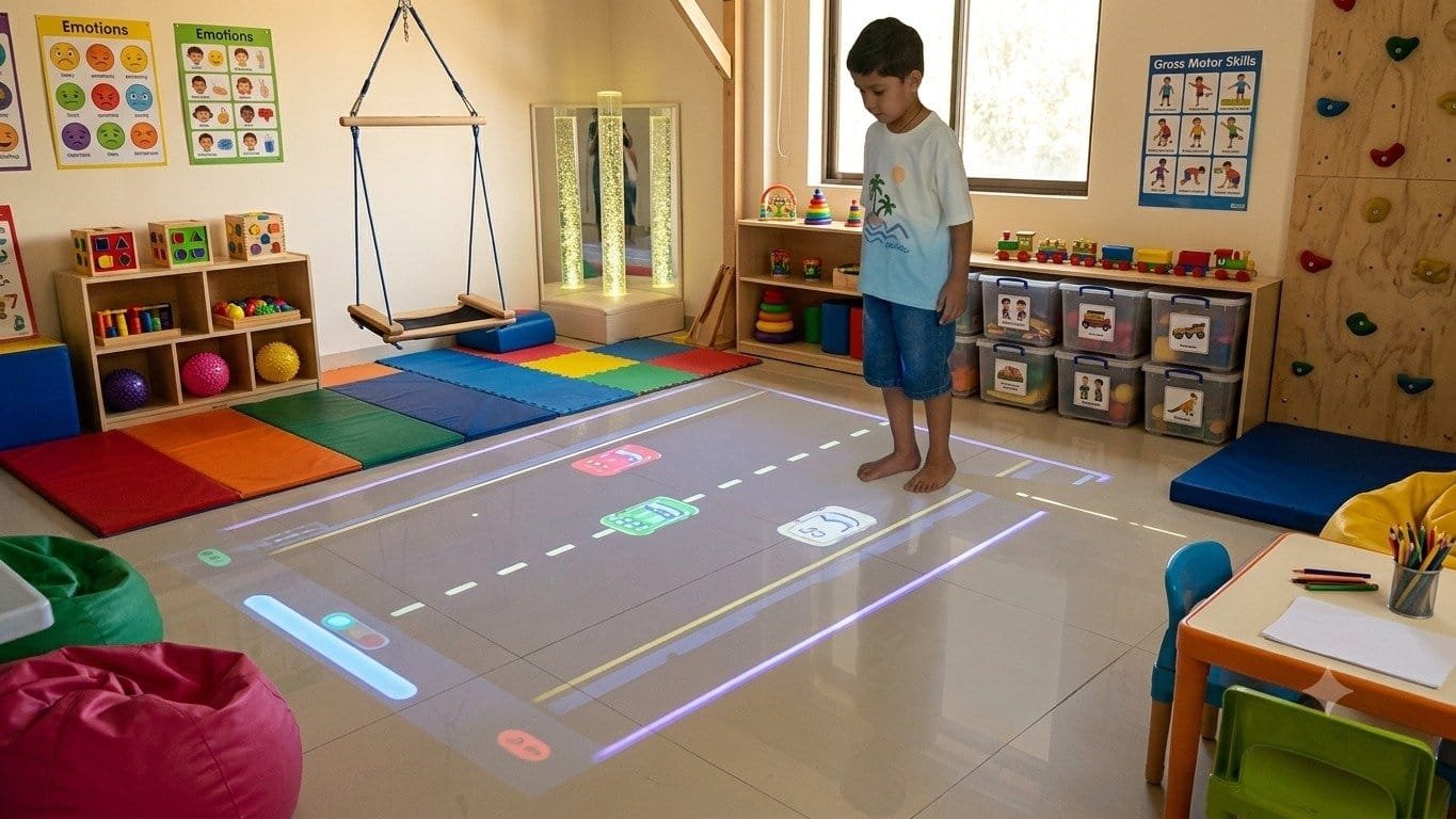 An interactive road projected onto a therapy room floor