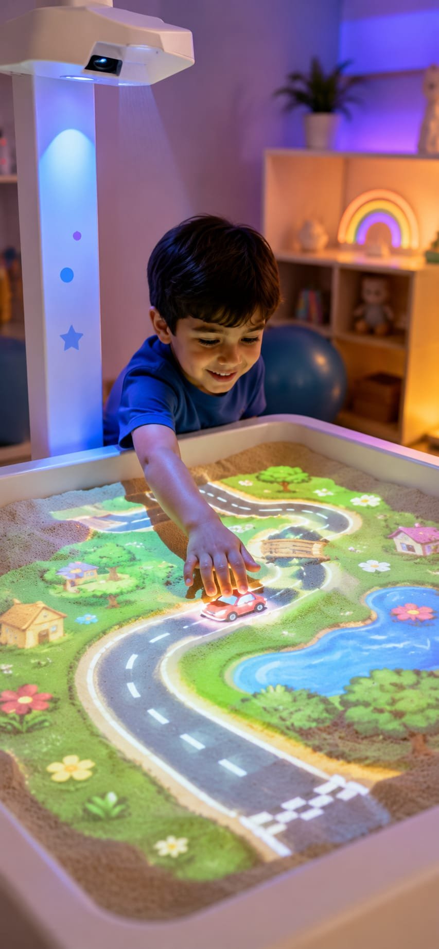 A projected sandcastle game filling a therapy room wall