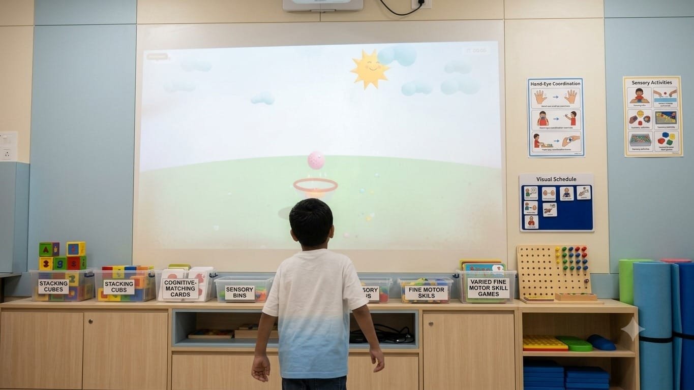 A child reaching toward a projected ball-and-hoop game on the wall