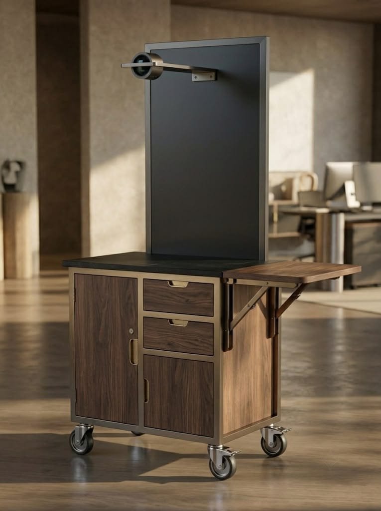 The NoPainHeals Kiosk: a wheeled walnut cabinet with two drawers and a lockable door, a dark upright panel with a camera arm, and a folding side shelf